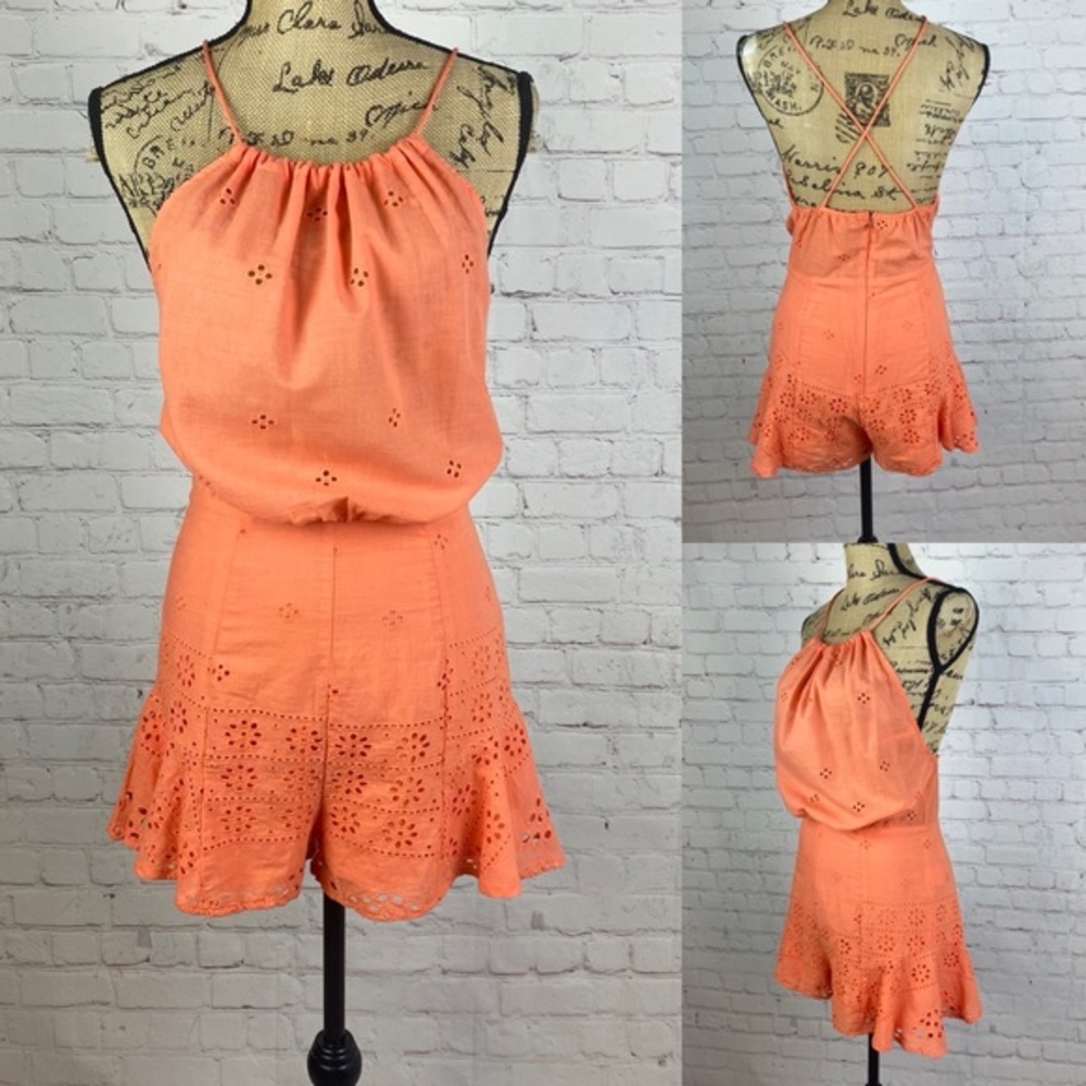 SHEIN Melon Color Eyelet Halter Style Flowy Skirt Romper